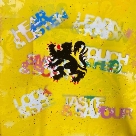 Senses Graffiti artwork showing a Flemish Lion sprayed across a gold field